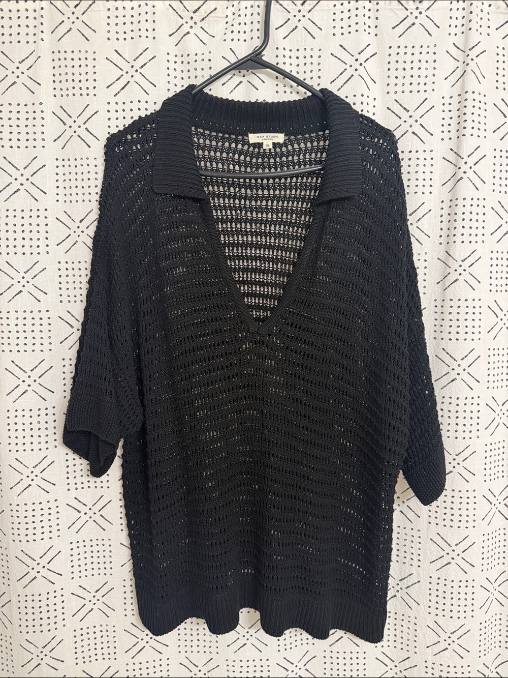 Max Studio Black Open-Knit V-Neck Sweater